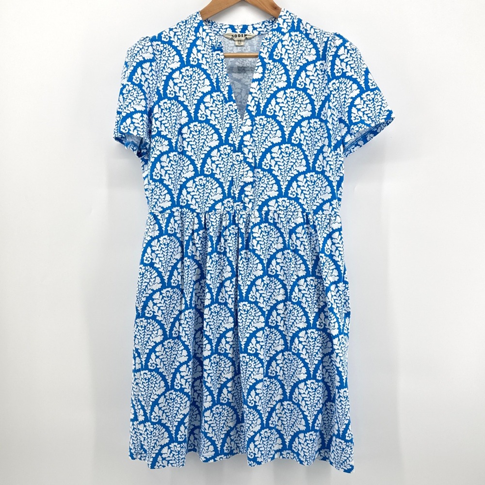 Boden Naomi Short Jersey Dress 10R Blue Botanical Flourish Mono Print Pockets - Picture 2 of 9